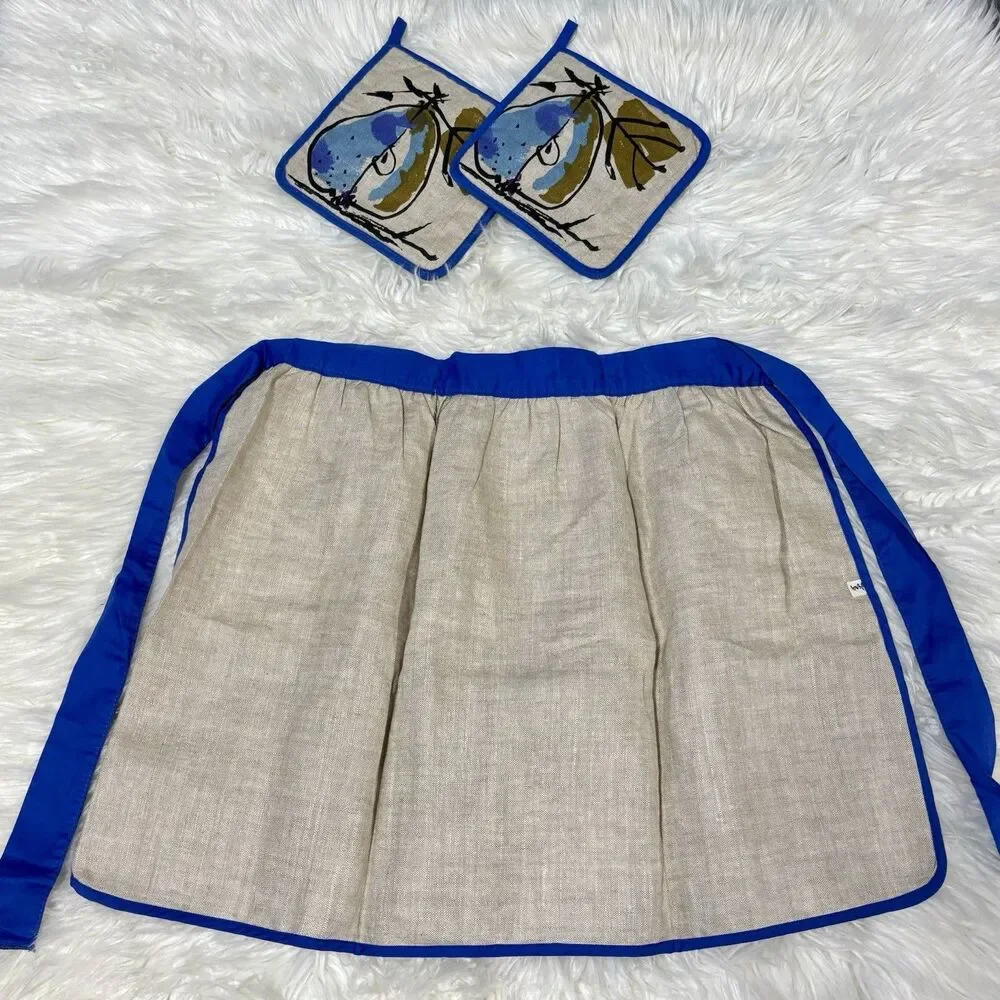 Vintage Vera Neumann Linen Blue Pear Pocketed Apron w/ Matching Pot Holders
